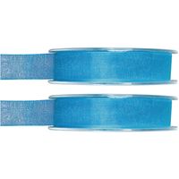 2x Turquoise organzalint rollen 1,5 cm x 20 meter cadeaulint verpakkingsmateriaal - Cadeaulinten