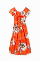 Midi-jurk ruches madeliefjes - ORANGE - M