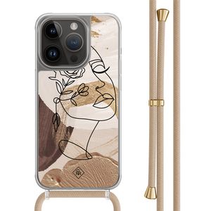 iPhone 14 Pro hoesje met beige koord - Abstract gezicht bruin