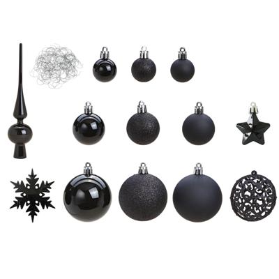 Kerstballen pakket - 111-delig - zwart - kunststof - incl. piek - kerstboomversiering