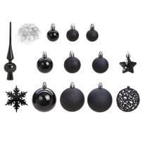 Kerstballen pakket - 111-delig - zwart - kunststof - incl. piek - kerstboomversiering
