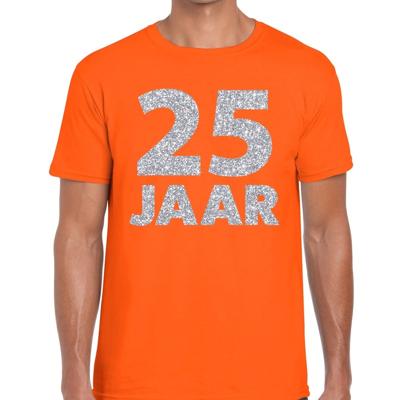 25 jaar verjaardag t-shirt - oranje - voor heren - zilver glitters print - jubileum - leeftijd