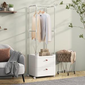 Kledingrek met 2 Laden Kledingopberger met Vergrendelbare Wielen Vrijstaande Commode Hangroede 4 Afneembare Haken Wit
