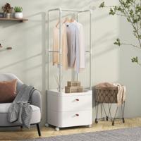 Kledingrek met 2 Laden Kledingopberger met Vergrendelbare Wielen Vrijstaande Commode Hangroede 4 Afneembare Haken Wit
