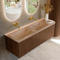 Badmeubel Mondiaz Kurve-Dlux | 145 cm | Meubelkleur Walnut | Wastafelkleur Arena | Solid surface | Dubbel / Links spoelbak | Zonder kraangat(en)