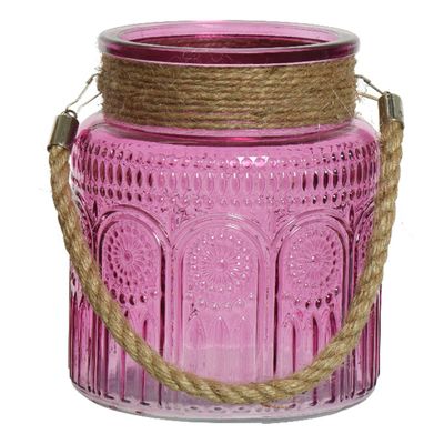 Windlicht/lantaarn met relief - glas - D14 x H16 cm - fuchsia roze