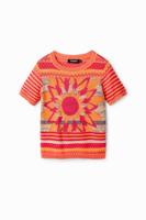 Gebreid T-shirt met bloem - ORANGE - XXL