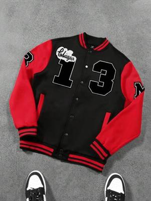 Bon&Bon Men's Letter Print Baseball Jacket - Black Colorblock Bomber Red / M