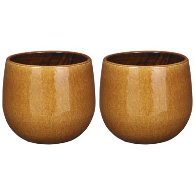 2x mica decorations plantenpot/bloempot - keramiek - okergeel glans/spotted- d16/h14 cm