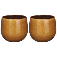 2x mica decorations plantenpot/bloempot - keramiek - okergeel glans/spotted- d16/h14 cm
