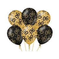 6x stuks leeftijd verjaardag feest ballonnen 90 jaar geworden zwart/goud 30 cm