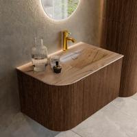 Badmeubel Mondiaz Kurve-Dlux | 75 cm | Meubelkleur Walnut | Wastafelkleur Arena | Solid surface | Wasbak rechter zijde spoelbak | 1 kraangat