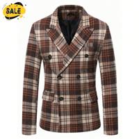 Bon&Bon Men's Plaid Wool Blend Double Breasted Suit Jacket - Coffee Coffee / XXXL