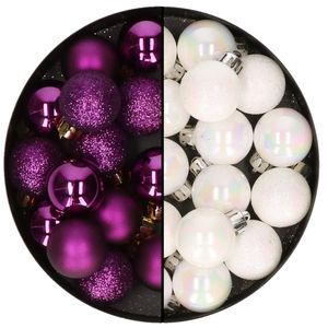 Kleine kerstballen - 28x st - parelmoer wit en paars - 3 cm - kunststof