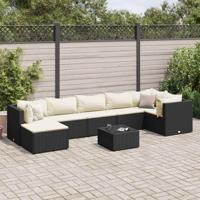 8-delige Loungeset met kussens poly rattan zwart
