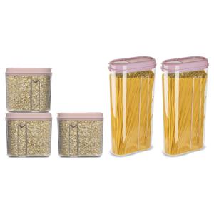 Voedselcontainers set - 5 stuks - licht roze - 2350ml en 1000ml - kunststof - voorraadpot/strooibus