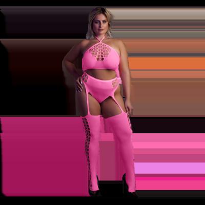 Ouch! by Shots Twee Delige Set met Crop Top en Kousen - Plus Size - Neon Roze