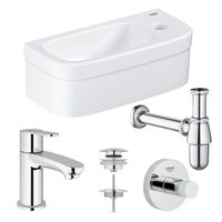 GROHE Euro fonteinset 37x18cm 1 kraangat zonder overloop rechte chromen kraan sifon afvoerplug handdoekhaak fontein Rechthoek wit 0436258/0434215/0437762/0438129/sw197129/