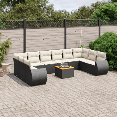 11-delige Loungeset met kussens poly rattan zwart