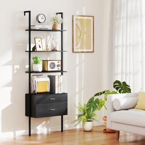 6-laags Ladderrek met 2 Lades Wandgemonteerde Boekenplank met Metalen Frame Zwart