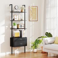 6-laags Ladderrek met 2 Lades Wandgemonteerde Boekenplank met Metalen Frame Zwart