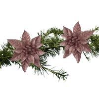 2x stuks kerstboomversiering op clip donker beige glitter bloem 15 cm - Kersthangers - thumbnail