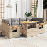 7-delige Loungeset met kussens poly rattan acacia beige