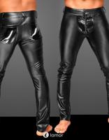 * NOIR handmade Wetlook heren broek met PVC delen ,H051