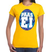 Paasei t-shirt geel met blauw ei voor dames - thumbnail