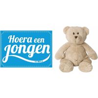 Kraamcadeau beren knuffel 17 cm met Hoera een jongen wenskaart /ansichtkaart   -