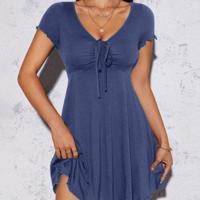 Petite Blue V-Neck Lettuce Trim Drawstring Knot Front Mini Dress Navy Blue / Petite XS