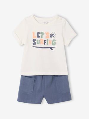 T-shirt met print + korte broek voor baby indigoblauw