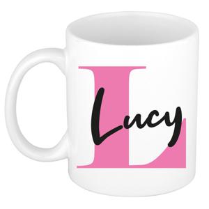 Naam mok Lucy - roze - wit - keramiek - 300 ml - verjaardag/cadeau beker