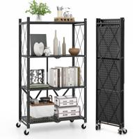4-Niveau Opklapbare Opbergplank met Vergrendelbare Wielen Stevige Metalen Plank voor Keuken Woonkamer Werkplaats Garage Zwart