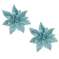 Decoratie bloem - 2x stuks - kerstster - op clip - blauw - glitter -15 cm - kunststof - kerstversier