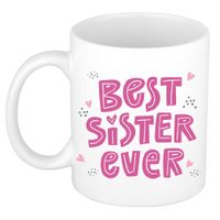 Best sister ever cadeau mok / beker wit met roze letters en kleine hartjes - thumbnail