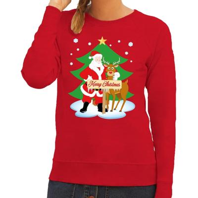 Foute kersttrui - sweater - De kerstman en rendier Rudolf - rood - voor dames