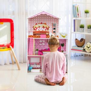 Houten Poppenhuis van 3 Verdiepingen Gesimuleerde Kamers en Meubels Werkende Lift Themabehang en Vloerkleden 70 x 30 x 108 cm