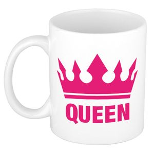 Cadeau Queen mok/ beker wit met fuchsia roze bedrukking 300 ml