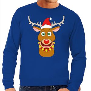 Foute kersttrui blauw met Ruldolf het rendier met rode muts voor heren 2XL (56)  -