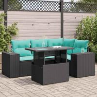 5-delige Loungeset met kussens poly rattan acacia zwart