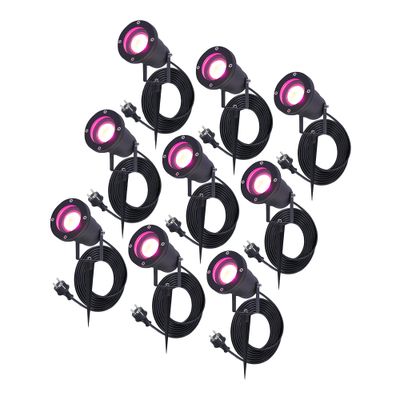 HOFTRONIC™ 9x Sydney smart prikspot - GU10 - Plug & Play - RGBWW - 5.5 Watt - WiFi & Bluetooth - Voor buiten - Priklamp - Zwart - Grondspies - 1.5 meter netsnoer
