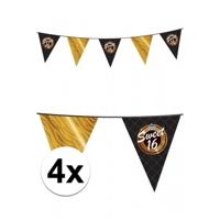 Sweet sixteen vlaggetjes - 4x stuks - zwart/goud - 10 meter - kunststof - versiering/feestartikelen
