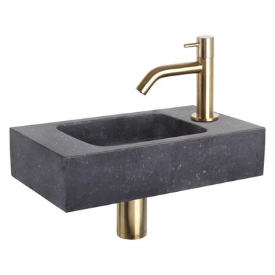 Differnz Force fonteinset - 40x22x9cm - Rechthoek - 1 kraangat - Gebogen matte goude kraan - Natuursteen Zwart 38.400.46