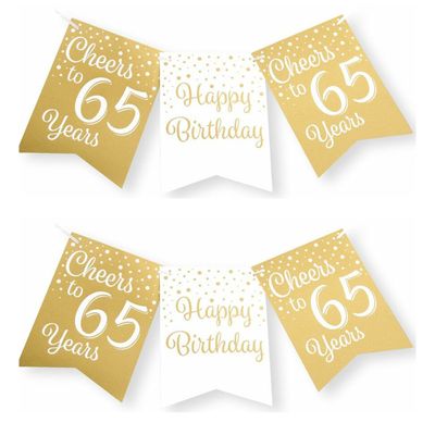 Verjaardag vlaggenlijn 65 jaar - 2x - binnen - karton - wit/goud - 600 cm