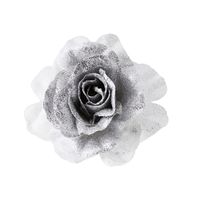 1x Kerstboomversiering bloem op clip zilver/wit en besneeuwd 18 cm - thumbnail