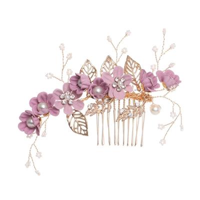 Mode bloem haar kammen hoofdtooi Prom Bridal Wedding haaraccessoires bladgoud haar juwelen haar pins (paars groot formaat)