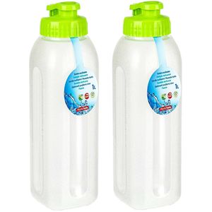 PlasticForte Waterfles/bidon - 2x - 1000 ml - transparant/groen - kunststof - Drinkflessen