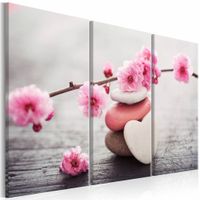 Schilderij - Stenen en bloemen , roze grijs , 3 luik - thumbnail