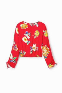 Korte aangerimpelde blouse met bloemen - RED - M